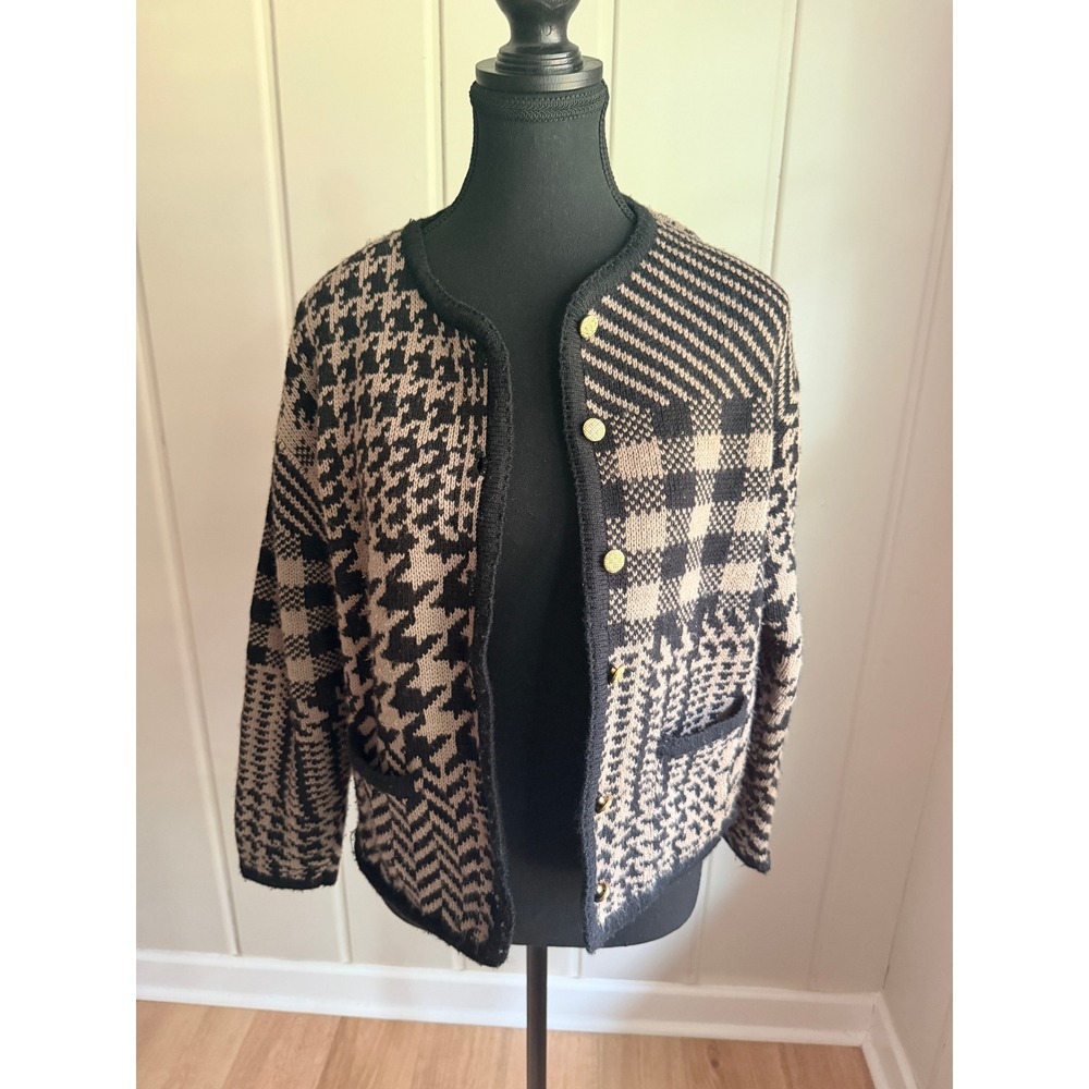 Vintage Tally-Ho 1980s Mixed Print Cardigan Brown Black Houndstooth‎ Medium